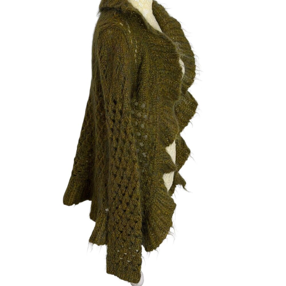 Dex Fresh Mohair Ruffle Cardigan Sweater Open Front Boho Green Marled S - Picture 4 of 6